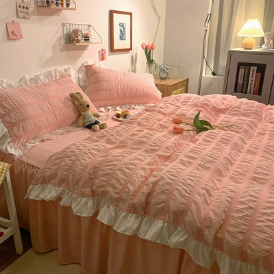 公主风紫色泡泡纱被套床裙四件套少女心宿舍三件套床上用品1.5m女