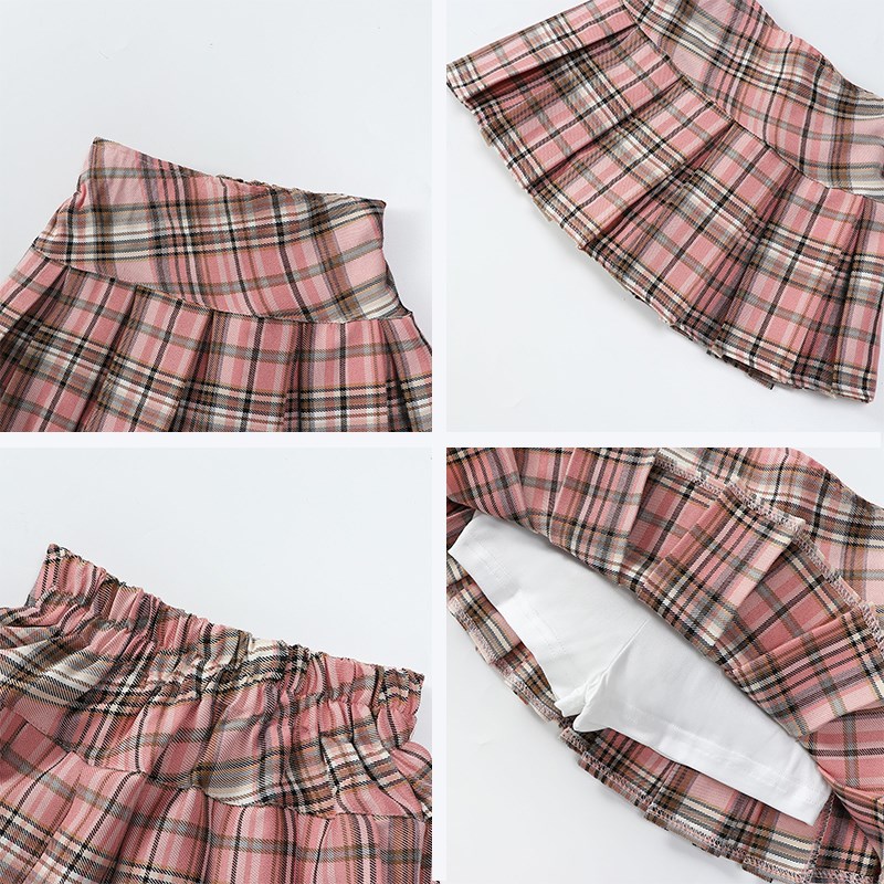 女童高腰半身裙学院风jk短裙夏季百褶裙套装小女孩甜美格子A字裙