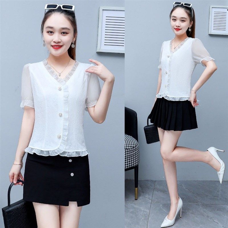 雪纺上衣女短袖夏装妈妈中年蕾丝T恤宽松遮肚子洋气小衫时尚气质