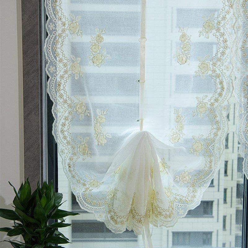 钉珠贴花美式短帘半帘 气球帘提拉帘窗帘纱帘飘窗罗马帘升降窗帘