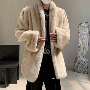 冬装高级感加厚保暖仿貂毛加棉皮草男开衫毛绒气质皮草大衣外套潮