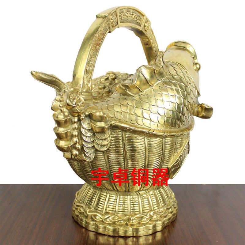 宇卓铜器纯铜年年有鱼 铜鱼 铜手鱼篓铜工艺品 家居开业礼品摆件