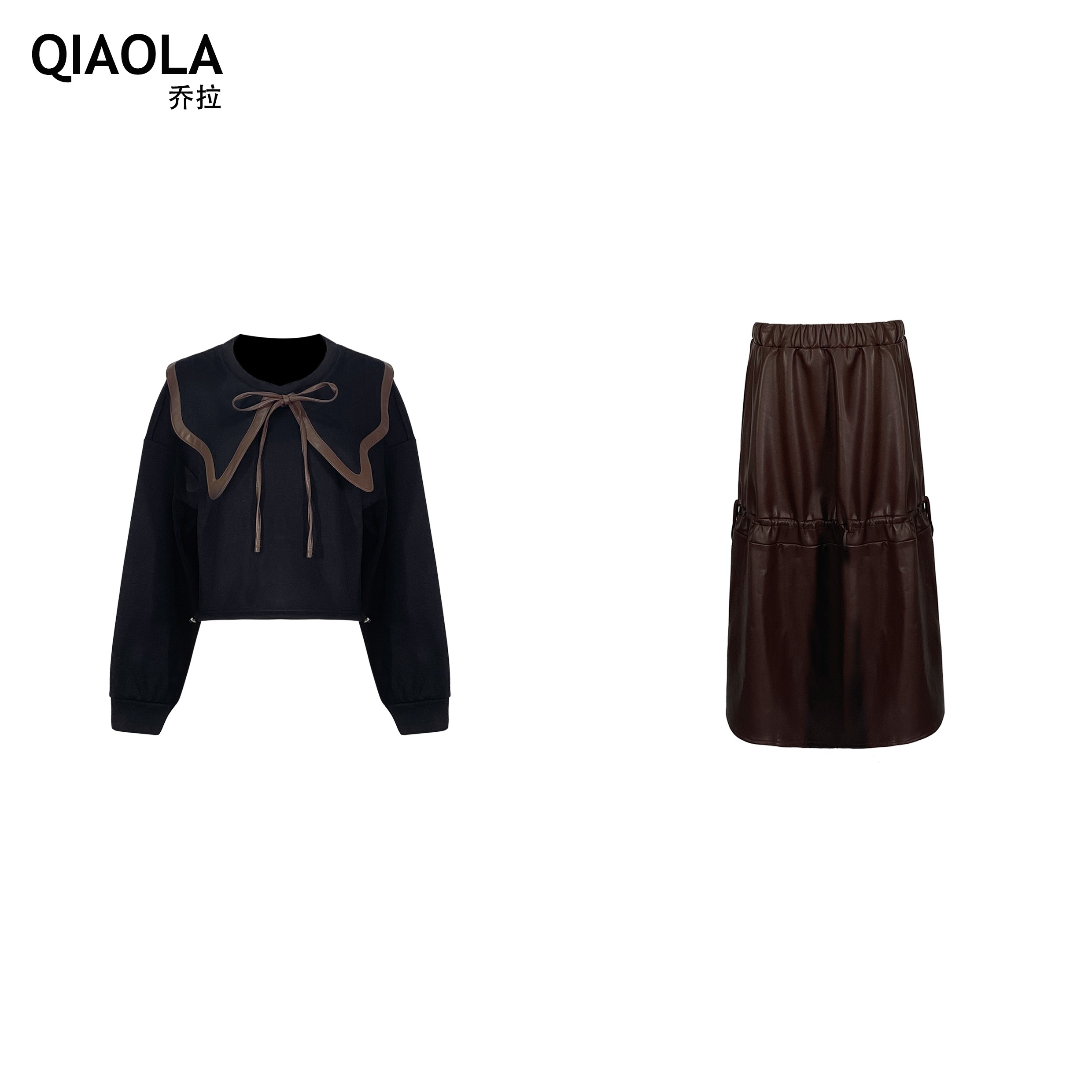 乔拉【松露巧克力】秋冬季撞色娃娃领长袖上衣女时尚套装半身长裙
