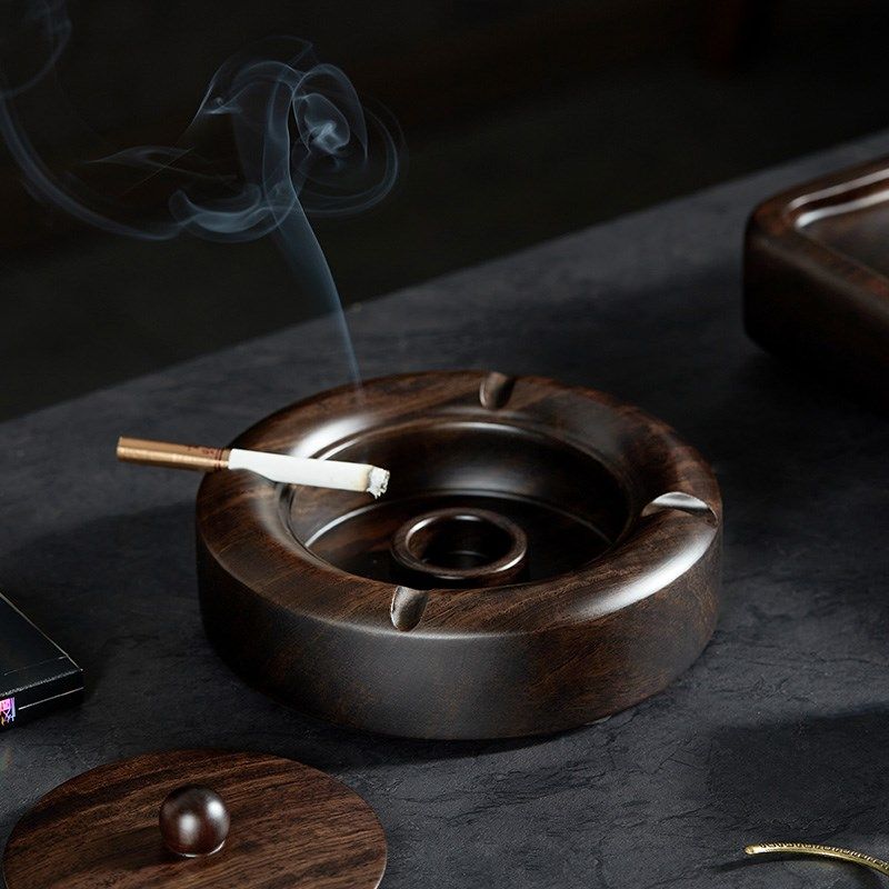 黑檀木烟灰缸带盖防飞灰办公室轻奢高级感家用客厅烟缸实木装饰品