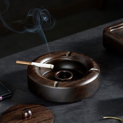 黑檀木烟灰缸带盖防飞灰办公室轻奢高级感家用客厅烟缸实木装饰品