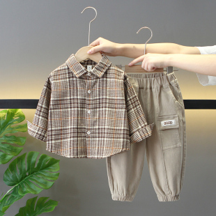 男童装春秋季衬衫套装儿童酷帅时髦2023新款宝宝秋装毛衣三件套潮