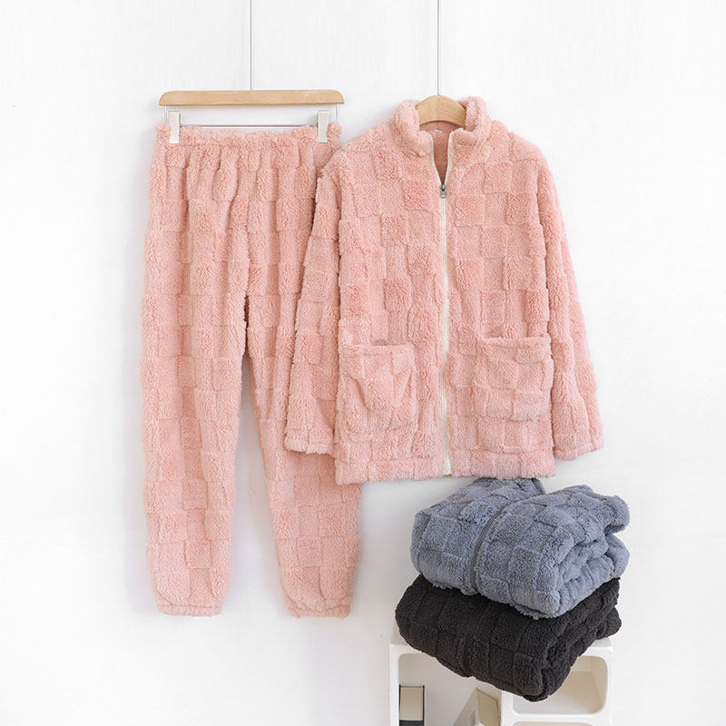 情侣睡衣男士秋冬款法兰绒加绒加厚珊瑚绒家居服女拉炼开衫冬季