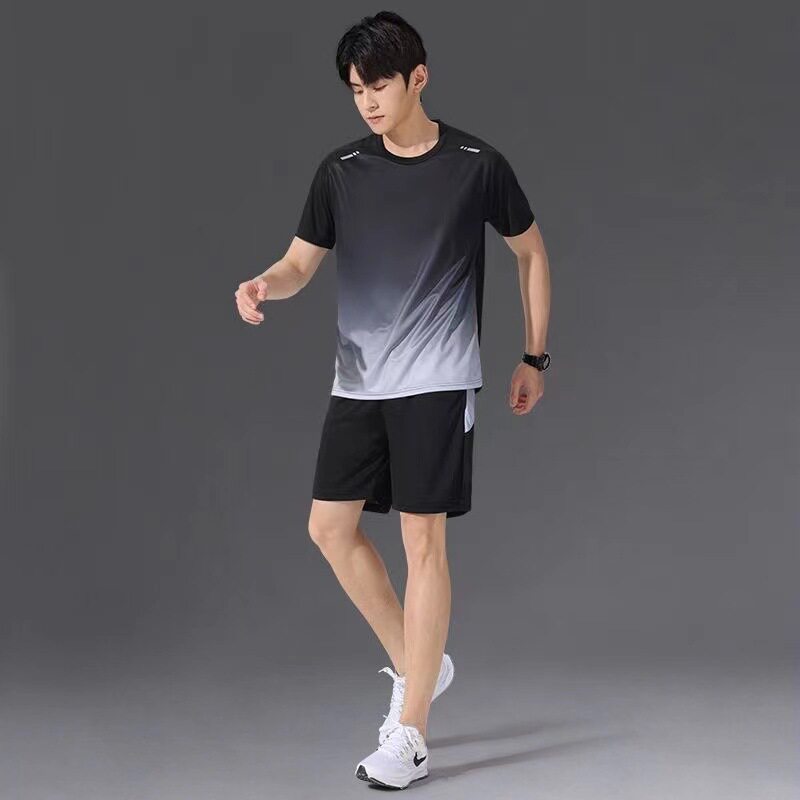 피트니스 의류 남성 아이스 실크 운동복 정장 여름 반팔 티셔츠 아침 달리기 농구 훈련실 반바지 정장