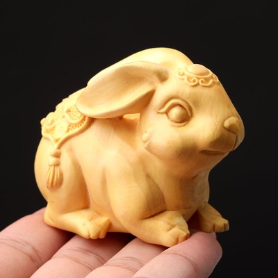 速发小叶黄杨木雕兔手把件实木文玩雕刻工艺品生肖兔萌宠兔子饰品