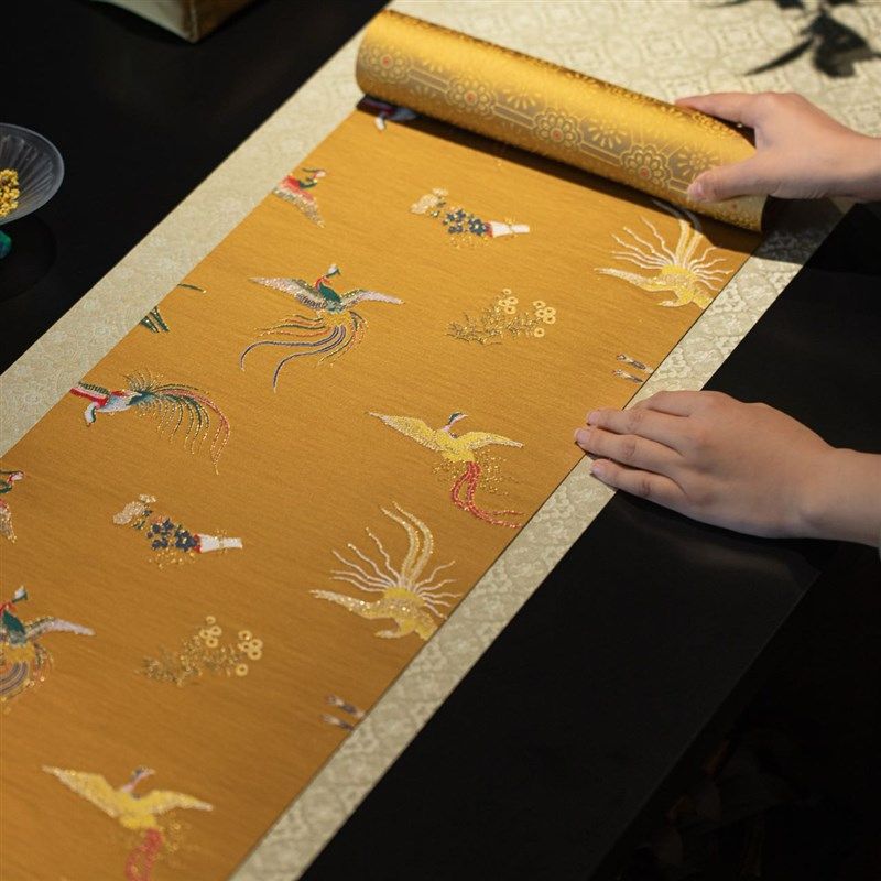 速发高端凤鸣长安锦缎织锦桌旗式茶轻奢茶席吸水桌布垫子茶几中台