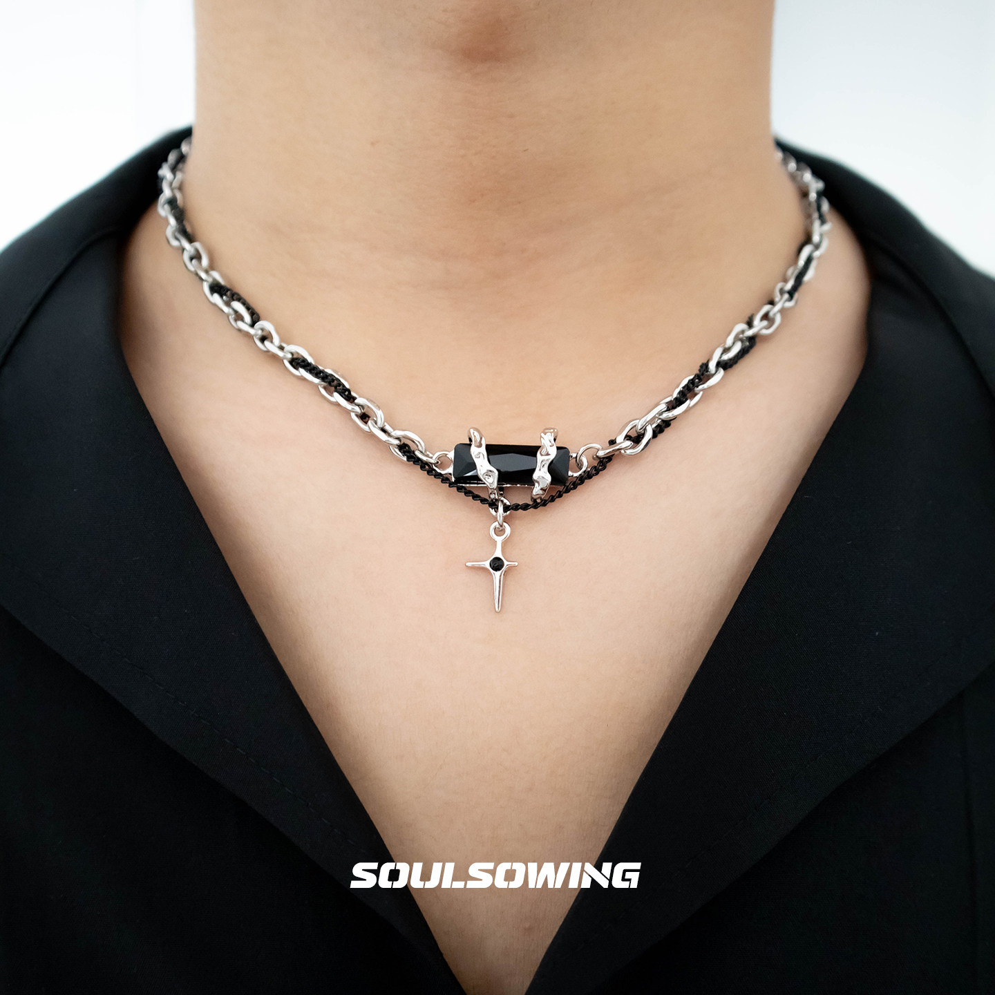 项链男款钛钢星芒古巴链小众设计高级感潮流痞帅嘻哈吊坠个性百搭