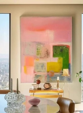 抽象色块奶油风手绘油画客厅装饰画小众艺术设计师玄关挂画正方形