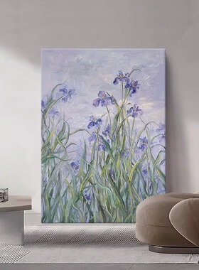 鸢尾花侘寂风纯手绘油画紫色花卉肌理画玄关装饰画新中式客厅挂画