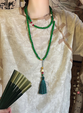 极速国风绿色串珠长款斜挎链手机链新中式古风汉服马面裙项链挂绳