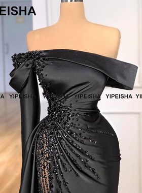 Yipeisha Off-shoulder Black Pageant Party Gown Luxury Pearls