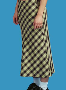 Vintage 90s Plaid High Waist Printing A-Line Long Skirt Y2K