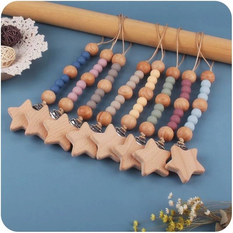 Baby Pacifier Clip Chain Wooden Star Holder Soother Pacifier