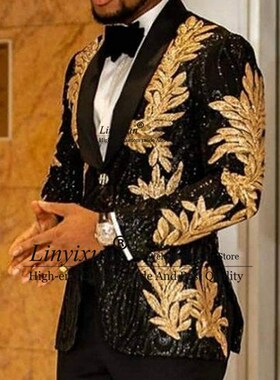 Slim Fit terno masculino Shiny Sequins Gold Applique Suits M