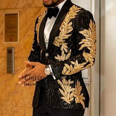 Slim Fit terno masculino Shiny Sequins Gold Applique Suits M