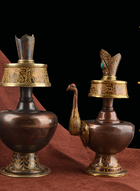 极速密宗供品带嘴贲巴壶尼泊尔手工纯铜雕花净水瓶文巴瓶宝瓶