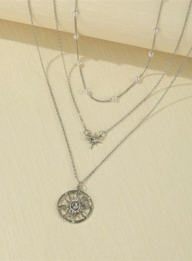 Sun Pendant clavicle chain retro pearl multi-layer Necklace