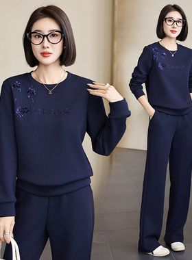 时尚运动套装女春季新款绣花圆领卫衣两件套宽松中年妈妈套装