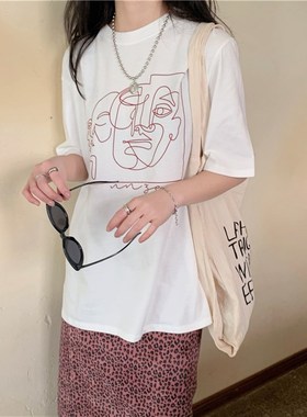 Retro Loose Versatile Line Printing Short Sleeve Womens Und