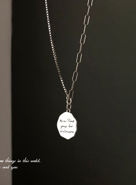 925银英文圆牌项链女简约个性质感重工复古泰银ins网红短款毛衣链