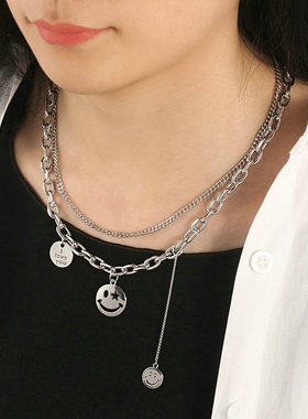 2021热卖 欧美时尚个性双层圆片字母笑脸链条项链  厂家直销