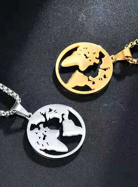 MM时尚钛钢项链男女情侣镂空世界地图非洲地图神秘文字金黑银色