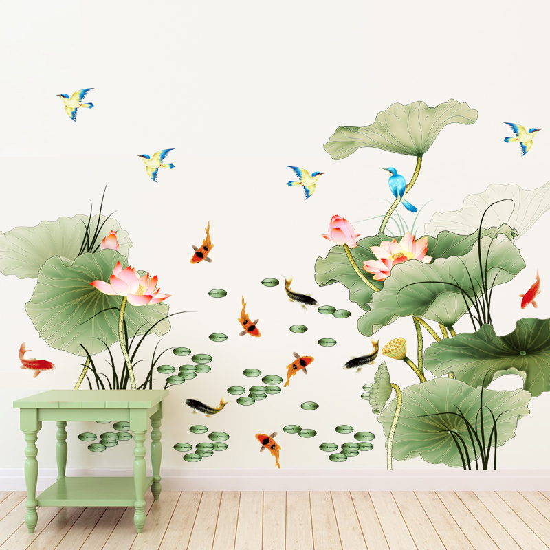 极速荷花墙纸自粘墙贴画客厅卧室房间床头温馨贴画墙上装饰品墙壁图片