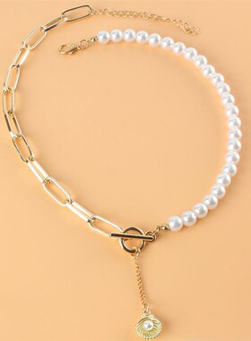 欧美跨境饰品 合金珍珠拼接链条贝壳吊坠项链 时尚金色项饰18290