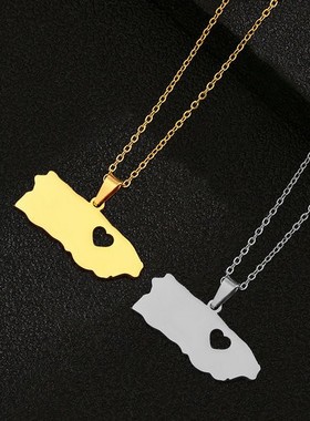 时尚新款钛钢光面心形镂空金色波多黎各地图造型吊坠项链女锁骨链