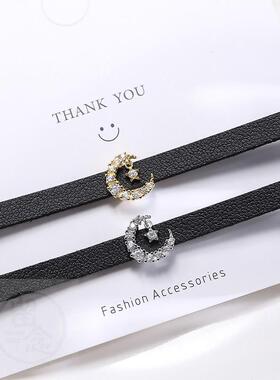 (WANYING jewelry black leather rope moon collar S925 Sterlin