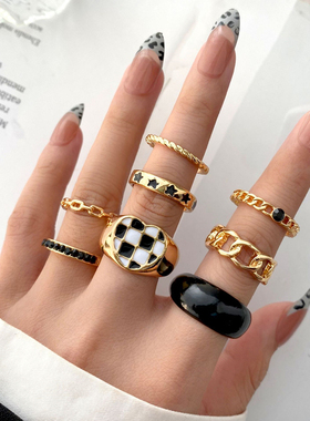 流泪眼睛戒指女设计感小众关节戒指组套复古黑白格戒指Ring set