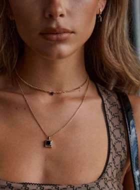 Square Zircon Necklace Thick Chain Titanium Steel Electropla