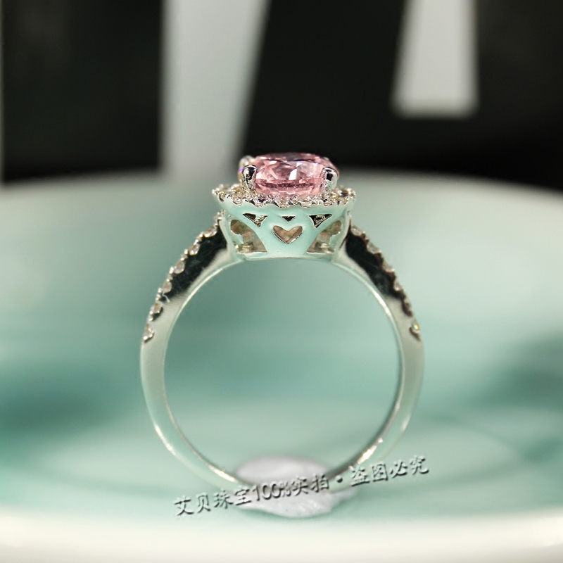 轻奢宝石粉钻戒指女 圆形微镶925纯银镀铂金求婚戒 1克拉仿真钻戒