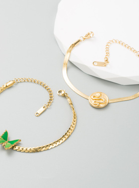 欧美新款时尚 ins风钛钢手环优雅滴油彩色蝴蝶高级感气质手錬