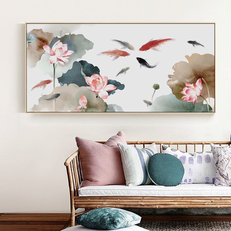 定做新中式三联装饰画沙发背景墙餐桌荷花锦鲤客厅大挂画艺术壁画图片