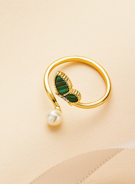 不规则开口戒指女ins几何型微镶孔雀石时尚气质潮手饰戒指