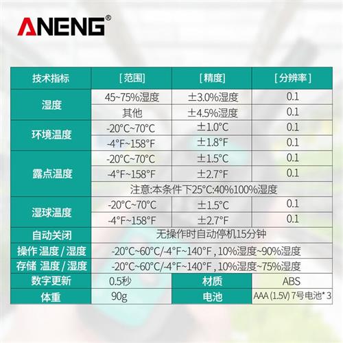 ANENG电子温湿度计高精度工业家用室内室外温度计测量VA彩色返显