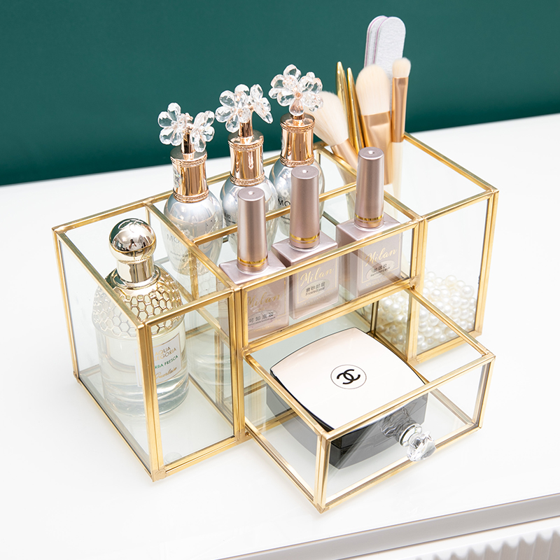 金边玻璃美甲收纳盒梳妆台桌面化妆品置物架口红护肤品整理带抽屉