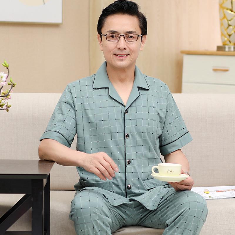 爸爸夏季睡衣男士夏短袖纯棉薄款夏天半袖长裤老年男款家居服套装