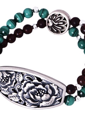 凤穿牡丹手链女纯银文艺复古银饰小叶紫檀孔雀石混合diy创意手串
