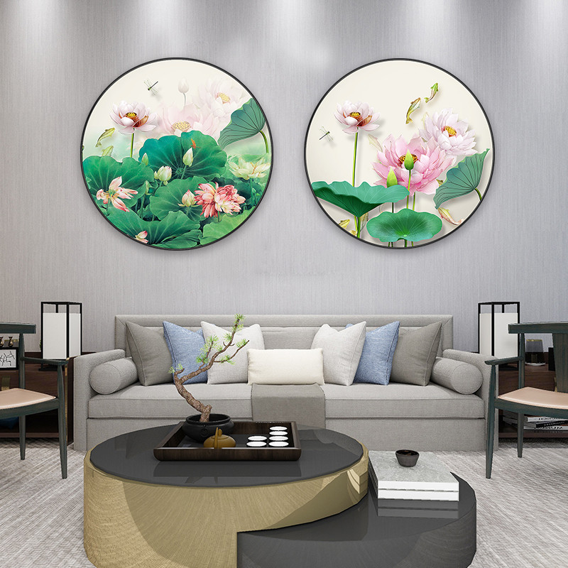 新中式玄关装饰画实木圆形框挂画九鱼图客厅书房过道荷花壁画圆画图片