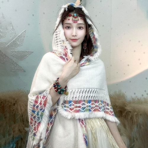 旅游民族风连帽披肩女外搭新疆云南波西米亚空调房流苏针织衫斗篷