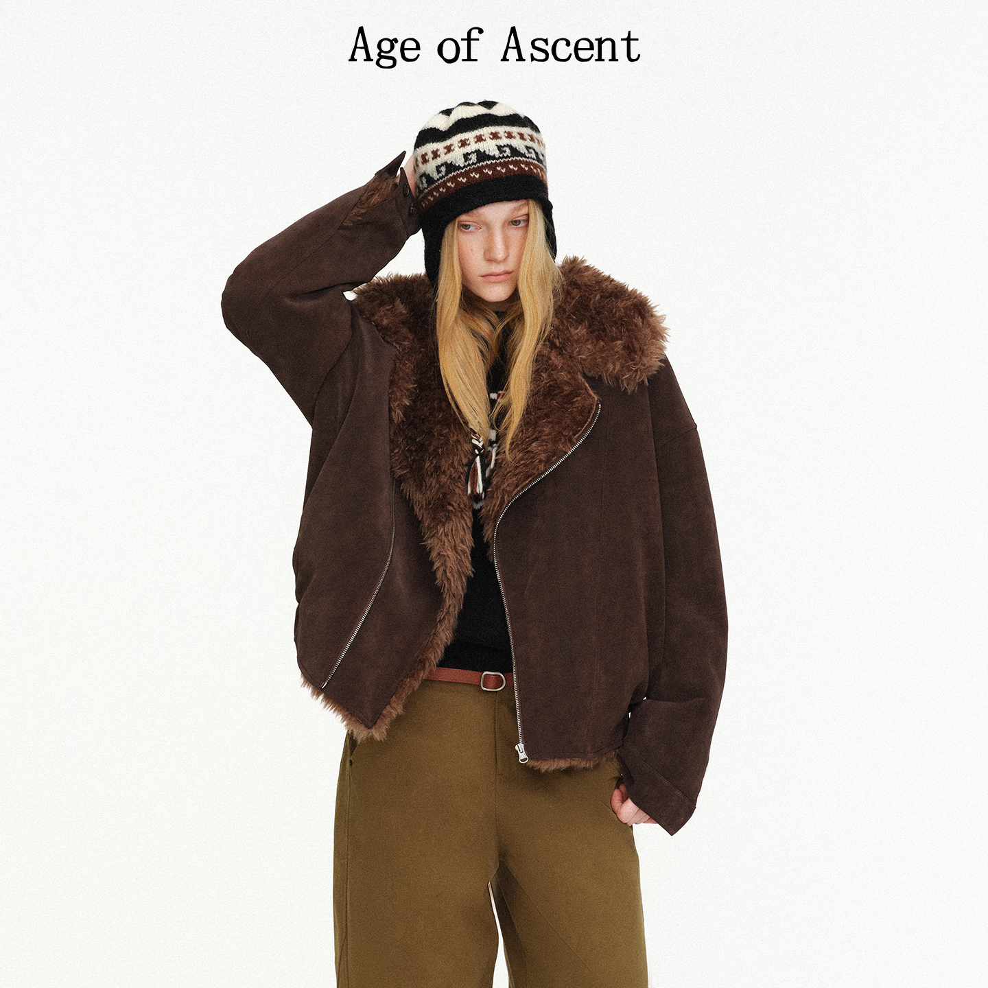 Age of Ascent 复古回溯氛围感深棕麂皮翻毛领机车夹克毛毛外套