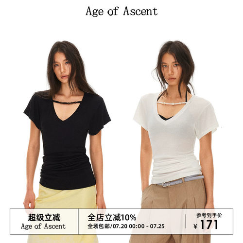Age of Ascent 莱赛尔醋酸堆叠亲肤松弛感假日v领串珠T恤