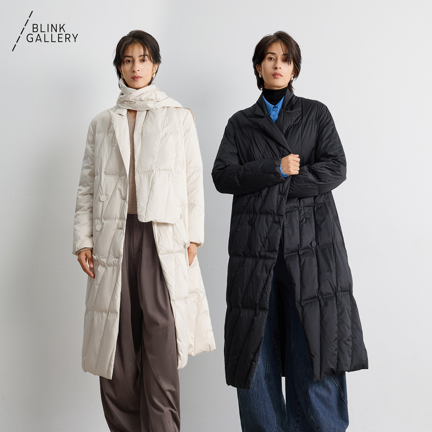 BLINK/超轻90白鸭绒可拆卸围巾缝经典戗驳领斜绗缝长款风衣羽绒