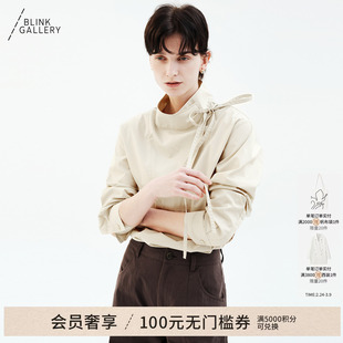 BLINK/高端日本进口面料不规则高领系带衬衫异形珠扣职场通勤上衣